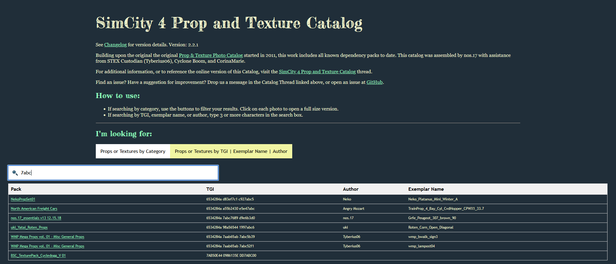 Searching for a prop by TGI or Exemplar Name or Author